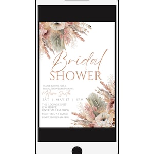 May include: A digital invitation for a bridal shower with a floral design in shades of pink, beige, and green. The text reads "Bridal Shower" and includes the bride's name, date, time, location, and RSVP information.