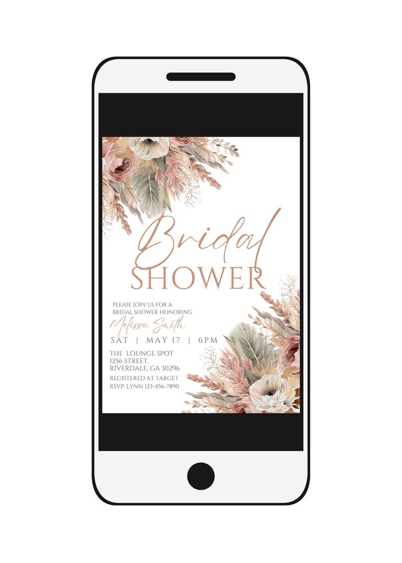 May include: A digital invitation for a bridal shower with a floral design in shades of pink, beige, and green. The text reads "Bridal Shower" and includes the bride's name, date, time, location, and RSVP information.