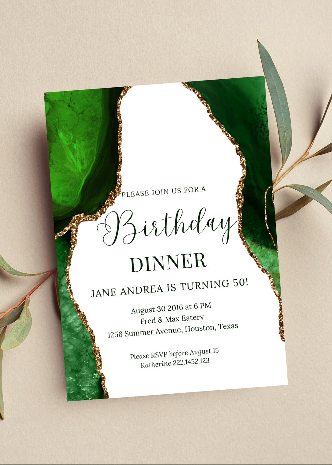 Editable Green and White Invitation, Agate Birthday Dinner Invitation