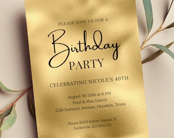 Gold Birthday Invitation, Editable, Black and Gold Invite, Minimalist, Modern, Printable or Text Invite