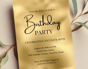Gold Birthday Invitation, Editable, Black and Gold Invite, Simple, Modern, Printable or Digital