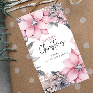 Editable Christmas Gift Tag Printable, Printable Christmas Gift Tag, Pink Wreath, Holiday Party Favor Tag, Christmas Gift Tag Download