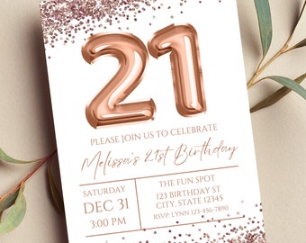 May include: A rose gold 21st birthday party invitation with a white background and rose gold confetti. The invitation features a large rose gold number 21 made of balloons. The text on the invitation reads "Please join us to celebrate Melissa's 21st Birthday". The date and time of the party are listed as "Saturday, Dec 31, 3:00 PM". The location of the party is listed as "The Fun Spot, 123 Birthday St, City, State 12345". The RSVP information is listed as "RSVP: Lynn 123-456-7890".