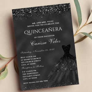 Editable Black Quinceañera Invitation, Mis Quince Anos, Glam, Glitter, Printable or Text Invite