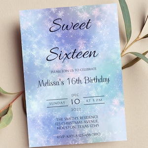 Bearbeitbare Winter Sweet 16-Geburtstags-Einladung, Winterwunderland, Schnee, Eis, bedruckbar oder Text einladen