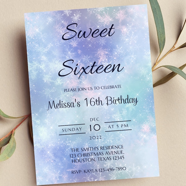 Editable Winter Sweet 16 Birthday Invitation, Winter Wonderland, Snow, Ice, Printable or Text Invite