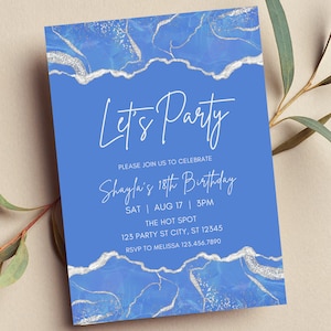 Editable Let&#39;s Party Invitation, Blue and Silver, Baby Blue, Any Occasion, Printable or Digital Invite