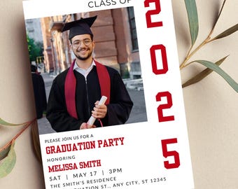 Editable Graduation Party Invitation Red and White with Photo, Graduation Announcement, Printable or Digital Invitation