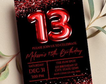 Editable 13th Birthday Invitation, Red and Black Invitation, Red 13 Balloon, Glam, Glitter, Printable or Text Invite