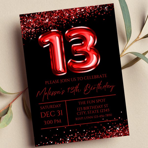 Editable 13th Birthday Invitation, Red and Black Invitation, Red 13 Balloon, Glam, Glitter, Printable or Text Invite