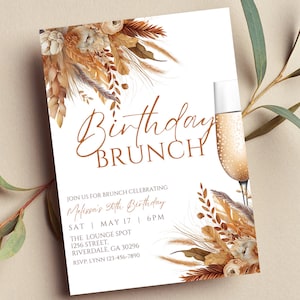 Invitation brunch d'anniversaire modifiable, invitation brunch d'automne, automne, floral, herbe de la pampa, bohème, mimosa, invitation imprimable ou texte