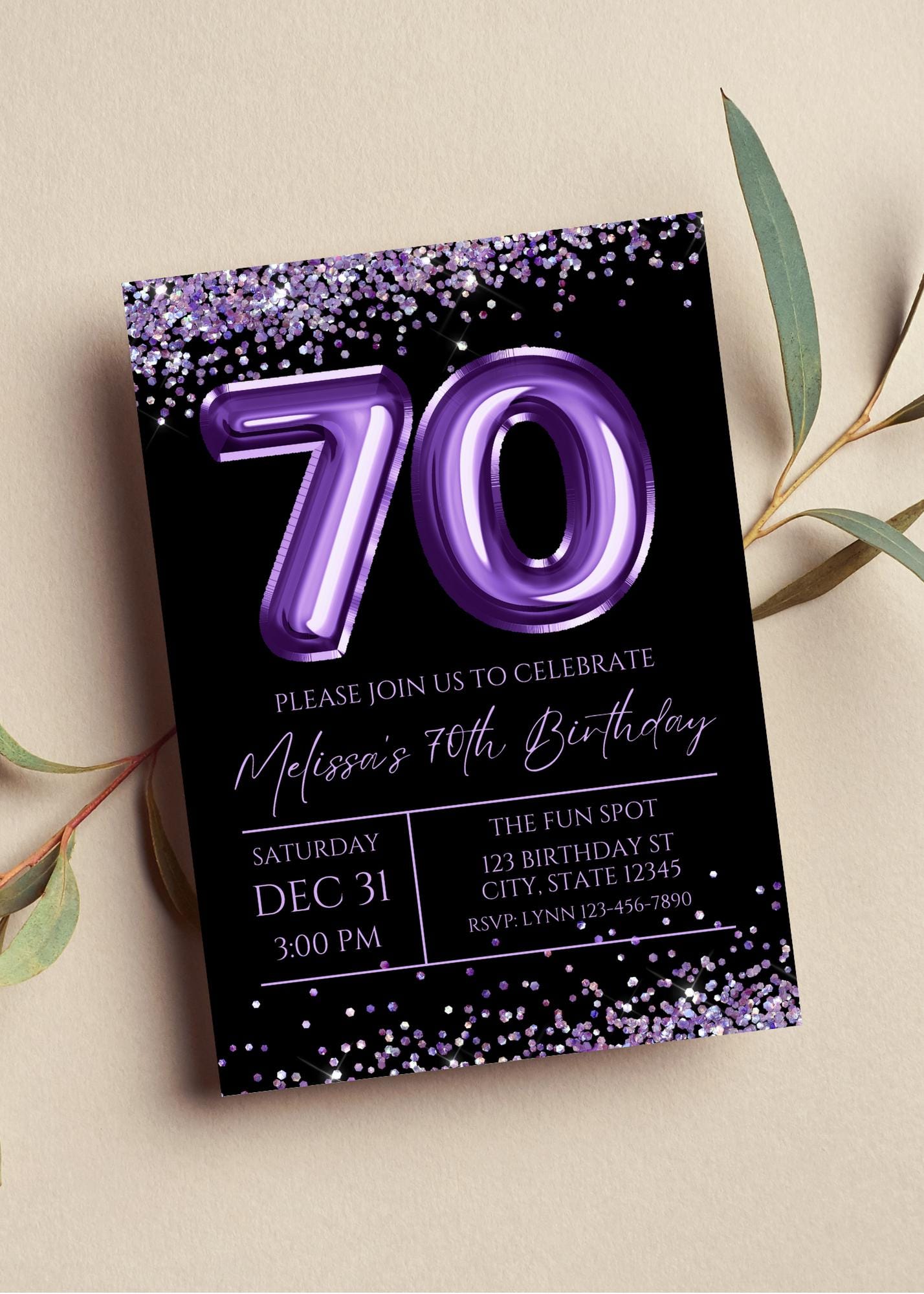 Editable 70th Birthday Invitation, Purple and Black Invitation, Purple 70 Balloon, Glam, Glitter, Printable or Digital Invitation