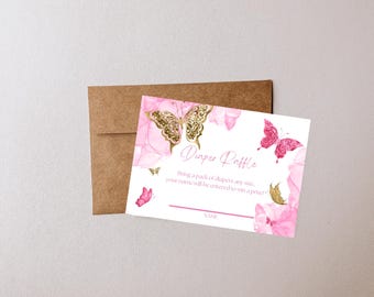 Bewerkbare luierloterijkaart, Er komt een kleine vlinder aan, Babyshower, Roze en Goud, Printbaar