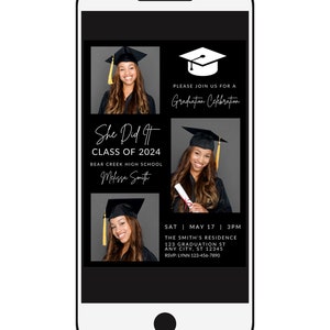 Puede incluir: Una invitaci&oacute;n de graduaci&oacute;n en blanco y negro con una foto de una mujer con un gorro y una bata. El texto dice "She Did It" Clase de 2024, Bear Creek High School, Melissa Smith. La invitaci&oacute;n incluye la fecha, la hora y el lugar de la celebraci&oacute;n de graduaci&oacute;n.