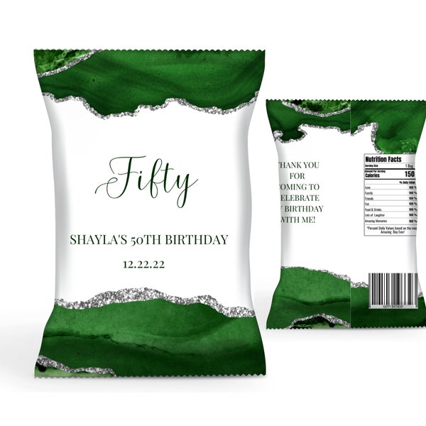 Editable Birthday Chip Bag, Green, White and Silver Chip Bag, Party Decor, Party Favor, Printable