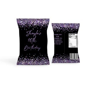 Purple Glitter Chip Bag Template  Editable Party Favor Digital Download