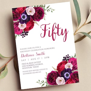 Editable Red, Pink and Purple Birthday Invitation, Floral, Any Age, Printable or Digital Invite