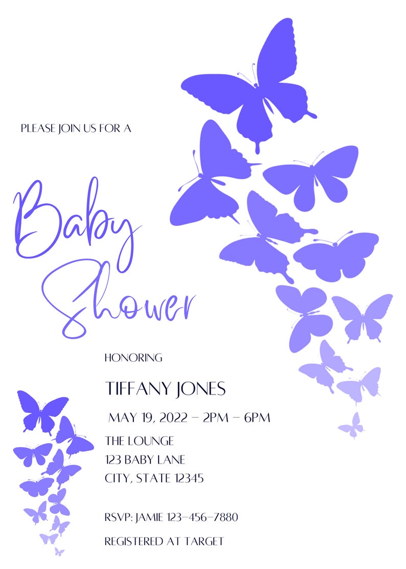 Editable Butterfly Baby Shower Invitation Purple Butterflies Etsy