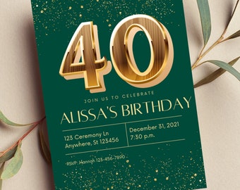 Editable 40th Birthday Party Invitation, Green and Gold, Invitation Template
