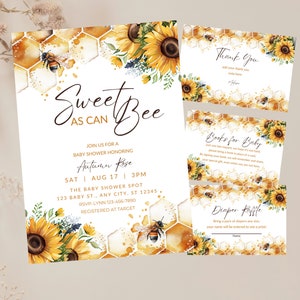 Convite editável Sweet as Can Bee Baby Shower Bundle, Girassol, Favo de mel, Convite para impressão ou digital