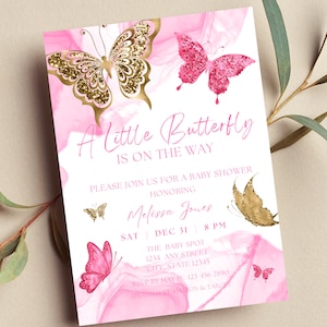 Editable Butterfly Baby Shower Invitation, A Little Butterfly is on the Way, Pink and Gold Butterflies, Printable or Text Invite