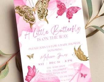 Editable Butterfly Baby Shower Invitation, A Little Butterfly is on the Way, Pink and Gold Butterflies, Printable or Text Invite