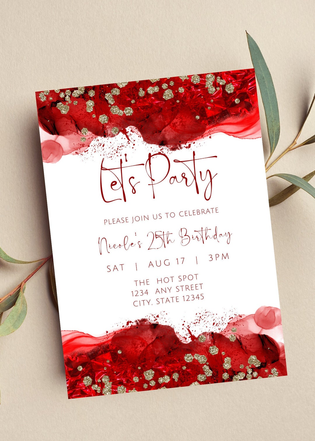Editable Red and White Invitation, Let's Party Birthday Invite, Glam ...