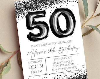 Editable 50th Birthday Invitation, Black, Printable or Digital Invitation
