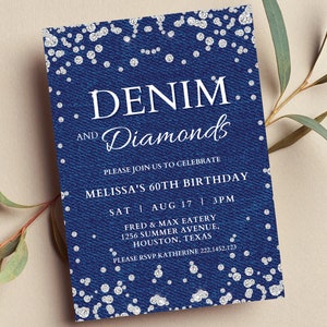 Editable Denim and Diamonds Birthday Invitation, Blue Jeans, Glam, Printable or Text Invite