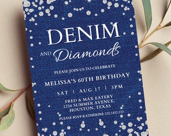 Bearbeitbare Denim und Diamanten Geburtstagseinladung, Blue Jeans, Glam, Printable oder Text Invite