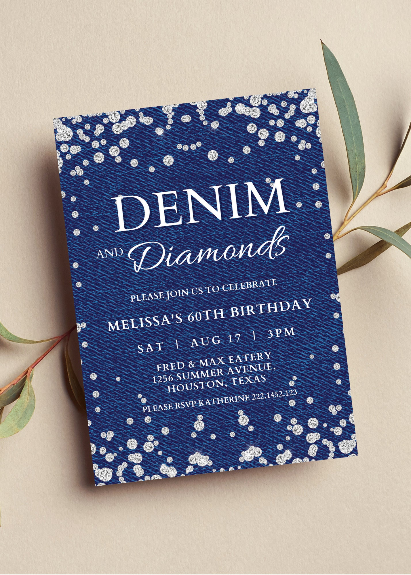 Editable Denim and Diamonds Birthday Invitation, Blue Jeans, Glam, Printable or Text Invite