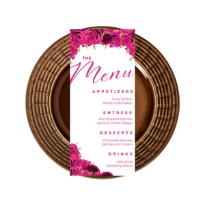 Edytowalny szablon karty menu, karty menu w kolorze intensywnego różu, bieli i złota, kwiaty, menu obiadowe, menu stołowe, menu weselne, menu brunchowe, do druku