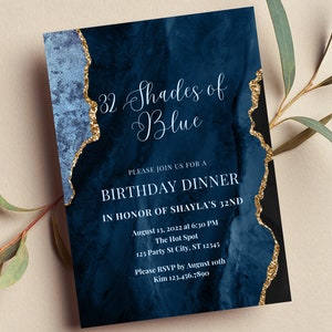 Editable Shades of Blue Invitation, Blue and Gold, Birthday Dinner, Brunch, Wedding, Any Occasion, Printable or Digital Invite