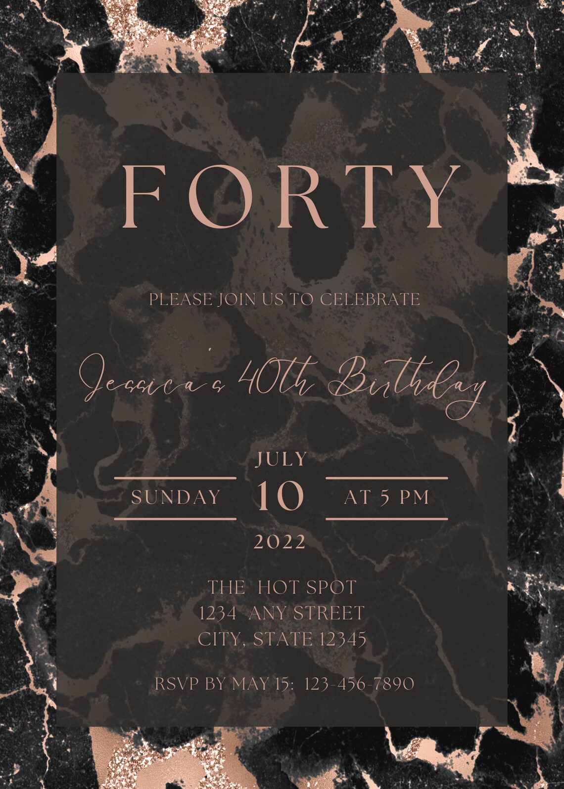 Editable Rose Gold and Black Birthday Invitation, Black Marble ...