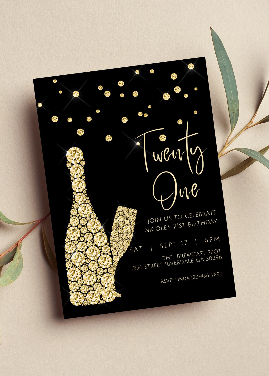 Editable 21st Birthday Invitation Black and Gold Diamond - Etsy