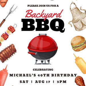 Puede incluir: Una invitaci&oacute;n colorida para una barbacoa en el patio trasero celebrando el cumplea&ntilde;os n&uacute;mero 40 de Michael. La invitaci&oacute;n presenta una parrilla roja y negra, un hot dog, una hamburguesa, una pierna de pollo y otros art&iacute;culos de barbacoa. El texto dice "Por favor, &uacute;nase a nosotros para una barbacoa en el patio trasero Celebrando el cumplea&ntilde;os n&uacute;mero 40 de Michael S&aacute;b | Ago 17 | 15:00 La residencia Williams 123 BBQ Street St. Any City, ST 12345 RSVP: LYNN 123-456-7890"