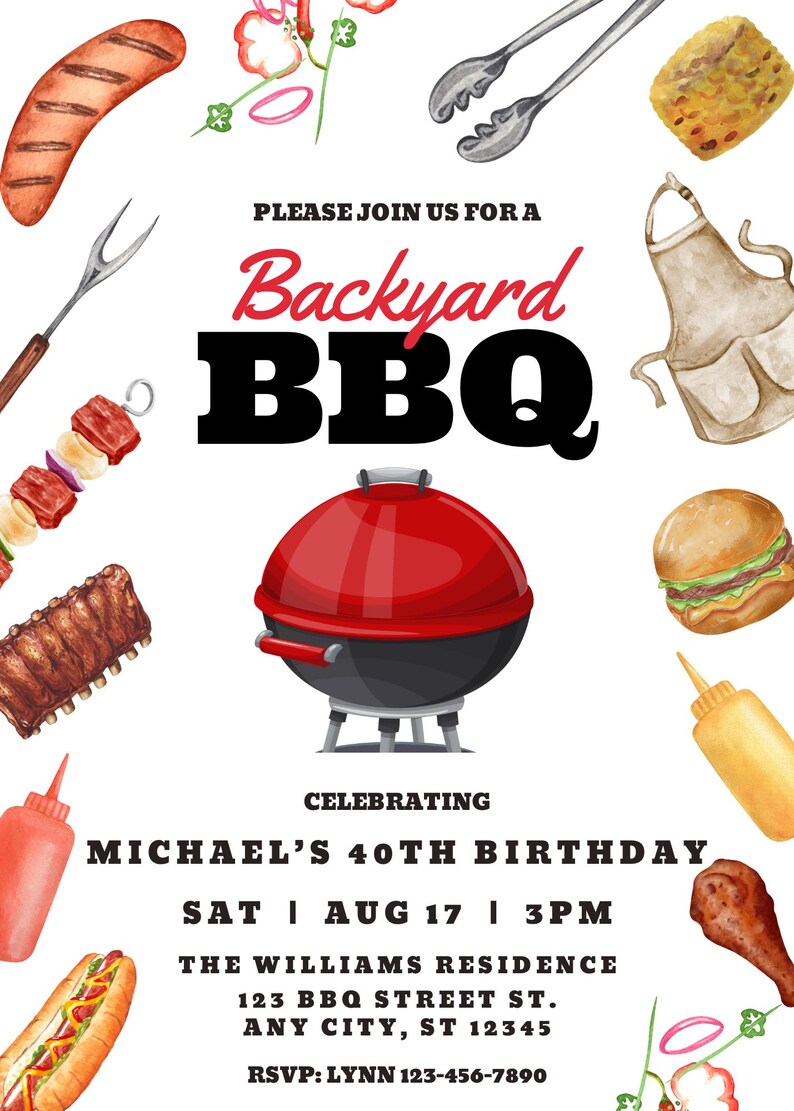 Puede incluir: Una invitaci&oacute;n colorida para una barbacoa en el patio trasero celebrando el cumplea&ntilde;os n&uacute;mero 40 de Michael. La invitaci&oacute;n presenta una parrilla roja y negra, un hot dog, una hamburguesa, una pierna de pollo y otros art&iacute;culos de barbacoa. El texto dice "Por favor, &uacute;nase a nosotros para una barbacoa en el patio trasero Celebrando el cumplea&ntilde;os n&uacute;mero 40 de Michael S&aacute;b | Ago 17 | 15:00 La residencia Williams 123 BBQ Street St. Any City, ST 12345 RSVP: LYNN 123-456-7890"