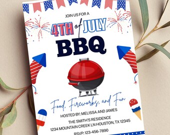 4th of July BBQ Invitation, Patriotic Fireworks (Editable Digital Invite)