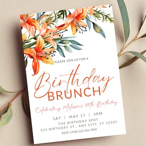 Editable Birthday Brunch Invitation, Orange Floral, Sunday Brunch, Baby Brunch, Bridal Brunch, Printable or Digital Invite
