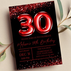 Faire-part 30e anniversaire modifiable, faire-part rouge et noir, ballon rouge 30, glam, paillettes, imprimable ou numérique