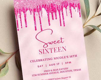 Editable Sweet 16 Birthday Invitation, Pink Girls Invite, Hot Pink, Glitter Drip, Printable or Digital Invitation