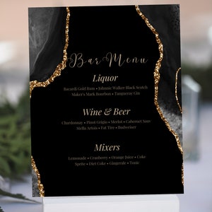 Bearbeitbare Schwarz-Gold-Bar-Menükartenvorlage, Menü in voller Größe, Tischmenü, Abendmenü, Geburtstagsmenü, Hochzeitsmenü, Menükarten, bedruckbar