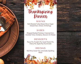 Afdrukbare menusjabloon Thanksgiving-diner, bewerkbaar
