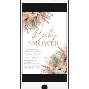 May include: A digital invitation for a baby shower with a floral design in shades of pink, beige, and green. The text reads "Baby Shower" and includes the name "Melissa Smith", the date "Sat. May 17", the time "6PM", the location "The Lounge Spot", the address "1256 Street, Riverdale, GA 30296", and the RSVP information "RSVP: Lynn 123-456-7890".