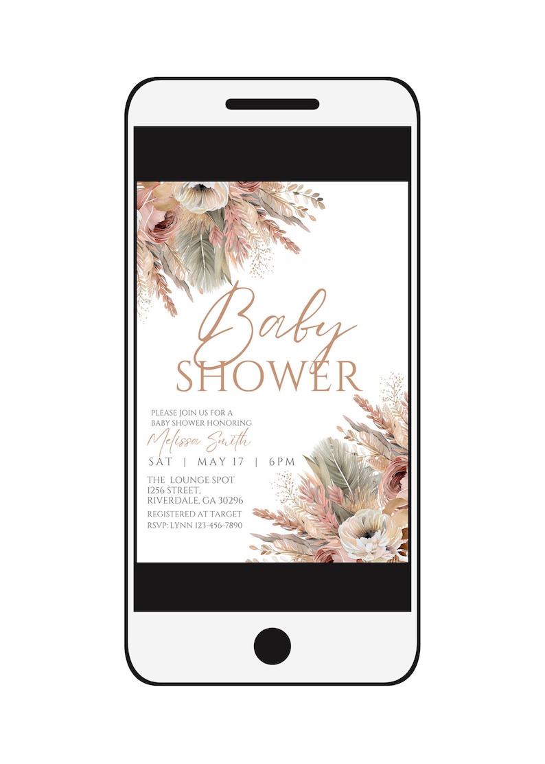 May include: A digital invitation for a baby shower with a floral design in shades of pink, beige, and green. The text reads "Baby Shower" and includes the name "Melissa Smith", the date "Sat. May 17", the time "6PM", the location "The Lounge Spot", the address "1256 Street, Riverdale, GA 30296", and the RSVP information "RSVP: Lynn 123-456-7890".