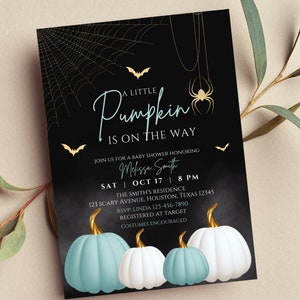 Editable A Little Pumpkin is on the Way Baby Shower Invitation Blue Pumpkin Boy Halloween Baby Shower  Printable or Digital Invite