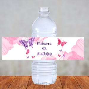 Editable Butterfly Water Bottle Label Template, Pink and Purple, Party Favor, Birthday, Wedding, Baby Shower, Printable, Instant
