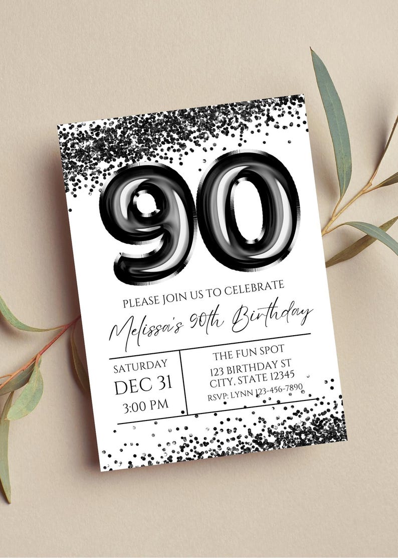Editable 90th Birthday Invitation, Black, Printable or Digital ...