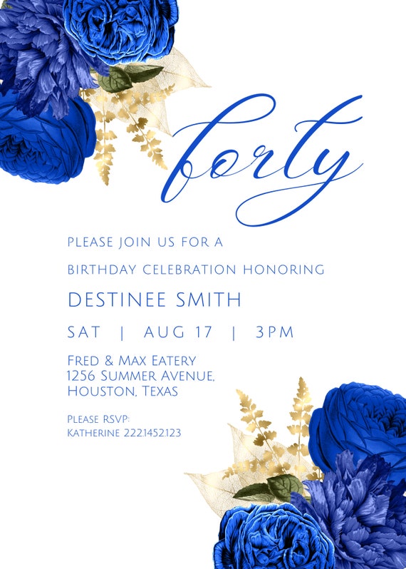 【ニコ】2022 Invitation ノベルティ Editable Royal Blue and Gold Floral Invitation, Royal Blue
