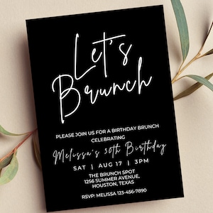 Editable Birthday Brunch Invitation, Let&#39;s Brunch, Black, Minimalist Invite, Printable or Text Invite